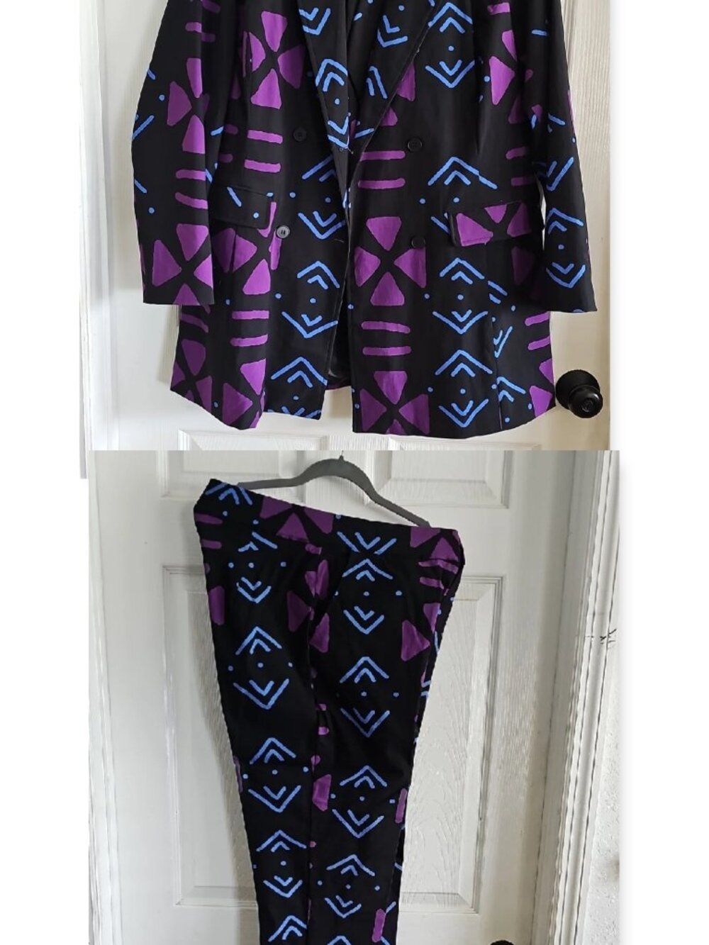 D'lyanu Black Double-Breasted Blazer with Purple & Blue Geometric Print
